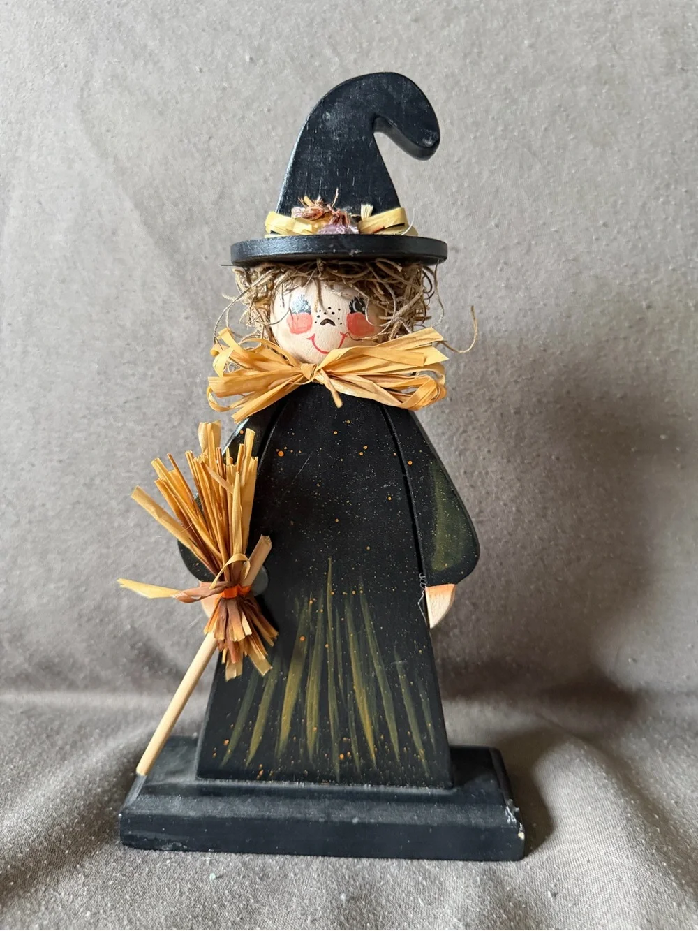 Handpainted Wooden Witch Figurine - Black and Straw